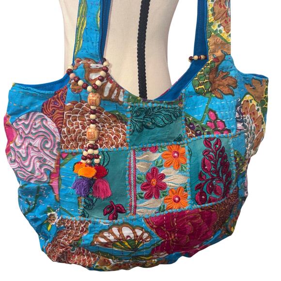 Tribe Azure Handbags - Tribe Azure Boho Patchwork Oversized Tote Bag Blue Handcrafted Embroidered